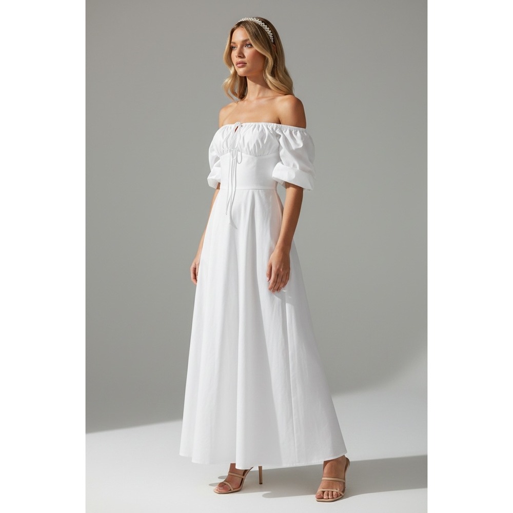 NEW White Off Shoulder Puff Sleeve Maxi Dress Cottagecore Size Small